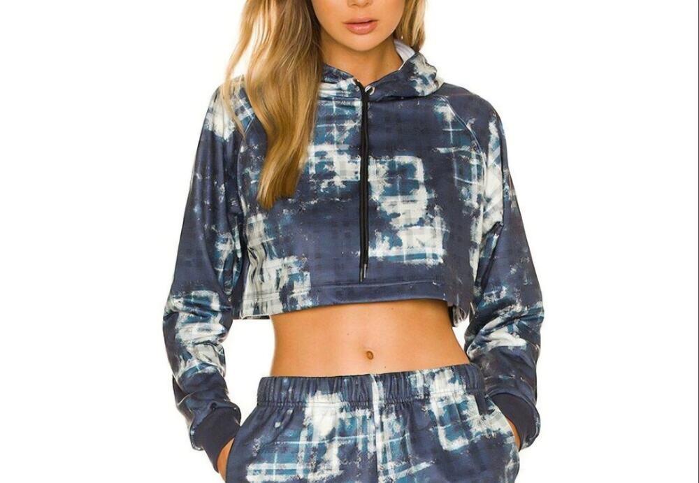 Adam Selman Sport Bleach Plaid Cropped Hoodie Blue Tie Dye Acid Wash Grunge M.